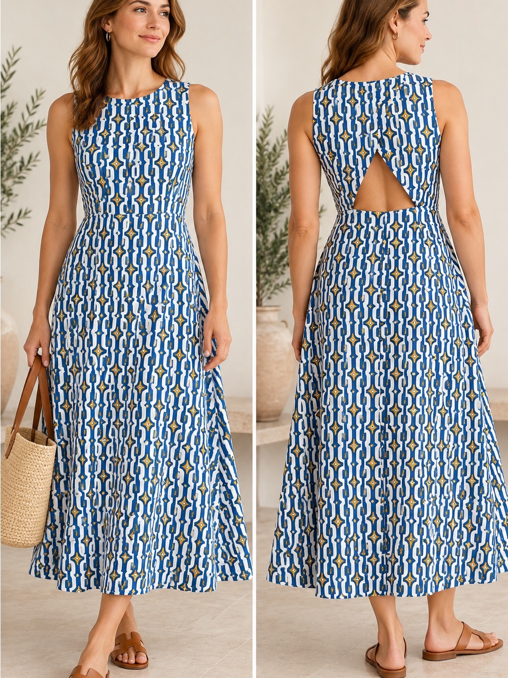 Boden Blue, White and yellow Geo-Print Sleeveless Midi Dress 12P